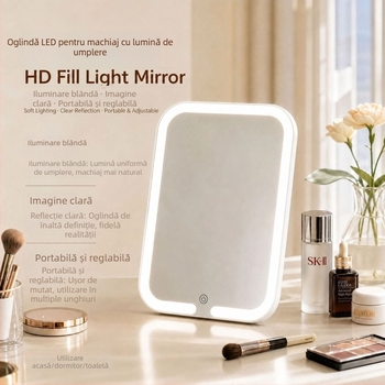 Oglindă de machiaj cu LED pe birou, iluminare, HD, reglabilă, portabilă, pentru uz casnic, în cămine studențești
