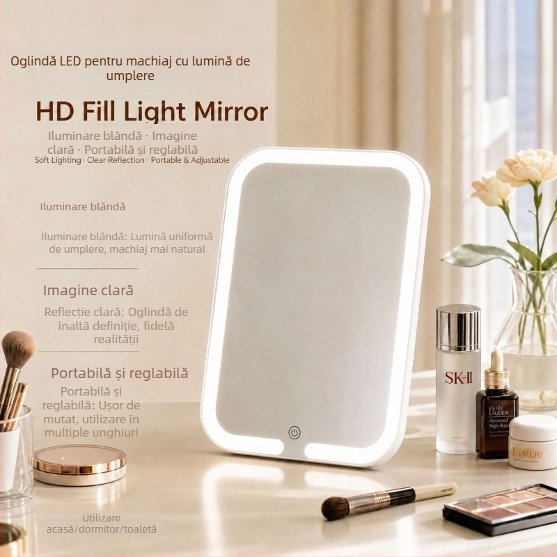 Oglindă de machiaj cu LED pe birou, iluminare, HD, reglabilă, portabilă, pentru uz casnic, în cămine studențești