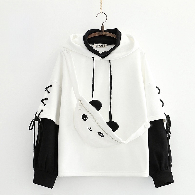 Hanorac damă cu broderie panda și căptușeală fleece, aspect de două piese, iarnă 2023