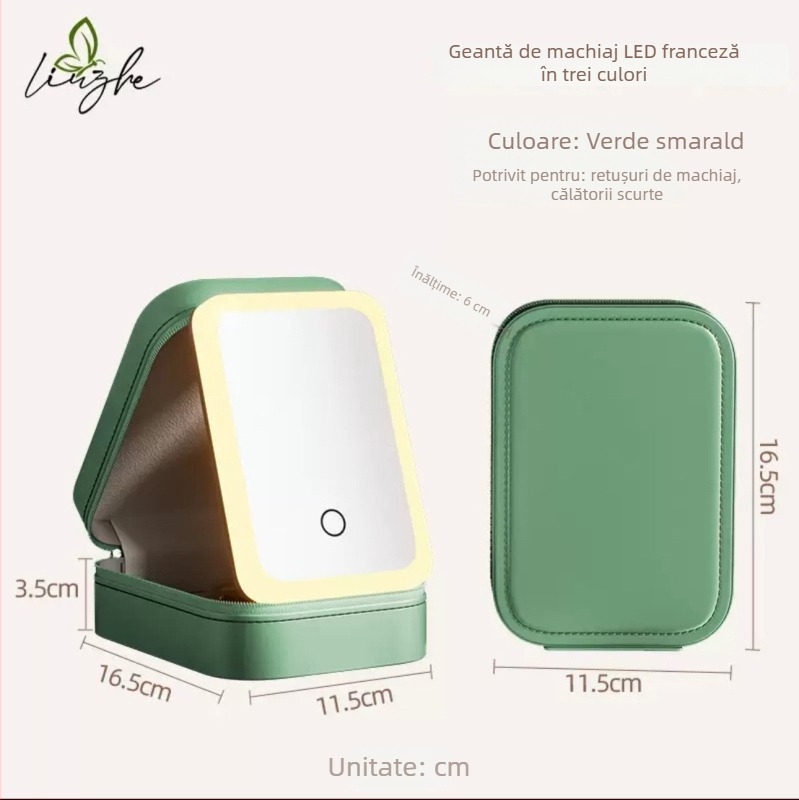 Cutie din piele pentru bijuterii, pliabilă și portabilă, oglindă de machiaj încorporată cu iluminare LED, organizator de machiaj de călătorie multifuncțional