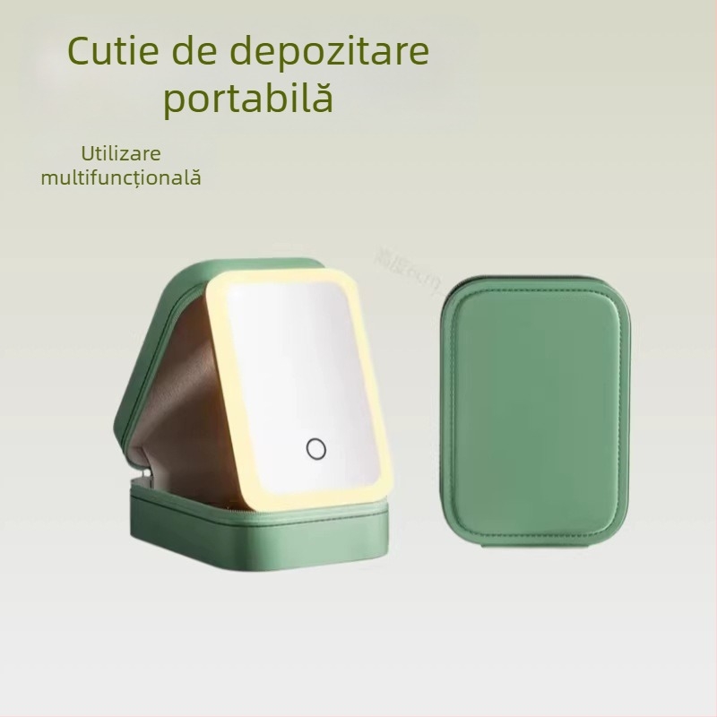 Cutie din piele pentru bijuterii, pliabilă și portabilă, oglindă de machiaj încorporată cu iluminare LED, organizator de machiaj de călătorie multifuncțional