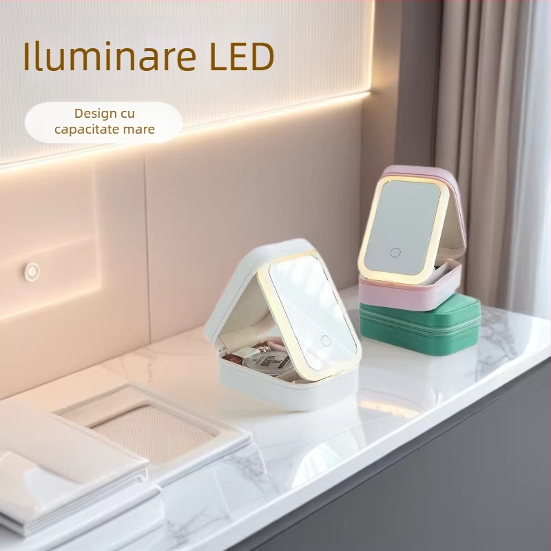 Cutie din piele pentru bijuterii, pliabilă și portabilă, oglindă de machiaj încorporată cu iluminare LED, organizator de machiaj de călătorie multifuncțional