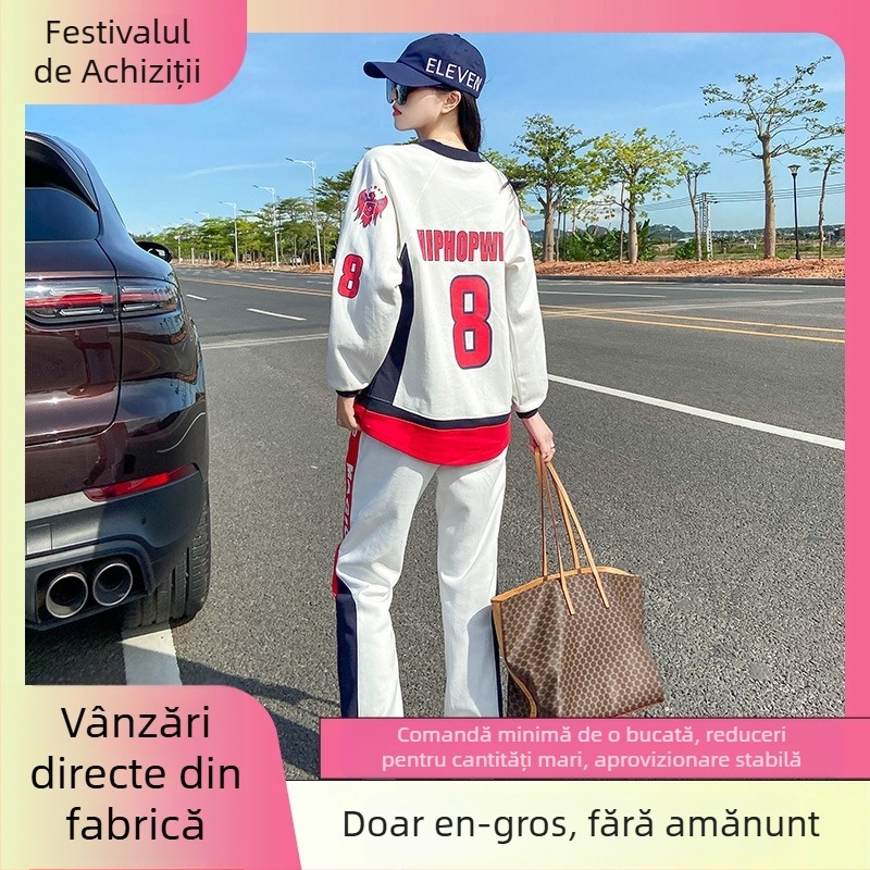 Set feminin din două piese, hanorac cu glugă și pantaloni, stil casual de toamnă, mărime mare