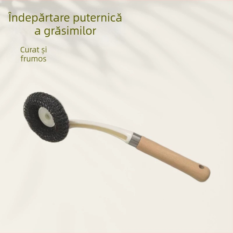 Perie bucătărie multifuncțională, cu design de agățare, mâner lung, perie cu bilă din sârmă de oțel pentru îndepărtarea grăsimii