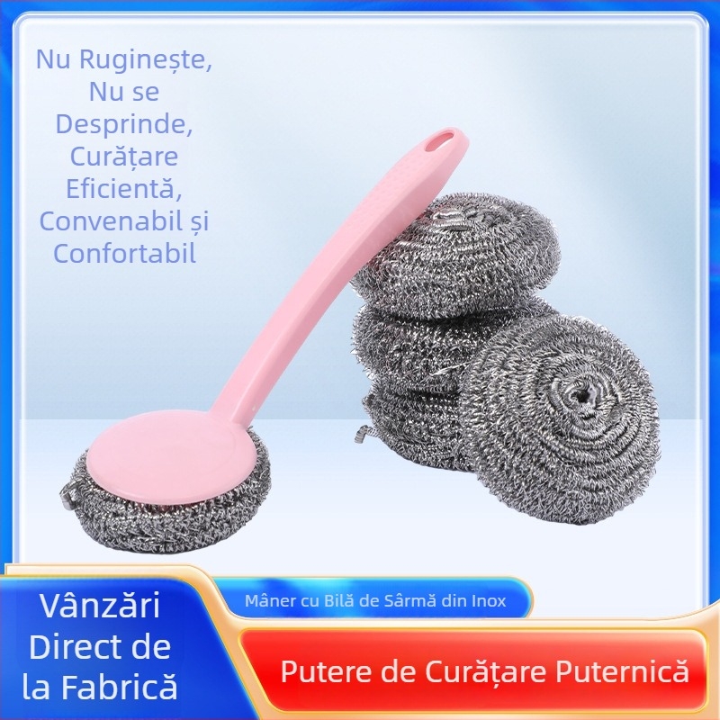 Perie de oale cu mâner, mâner detașabil, bilă din fibră de oțel pentru curățare, bilă nano colorată