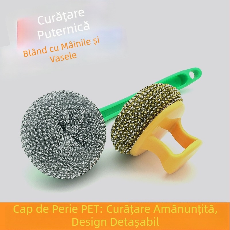 Perie de oale cu mâner, mâner detașabil, bilă din fibră de oțel pentru curățare, bilă nano colorată
