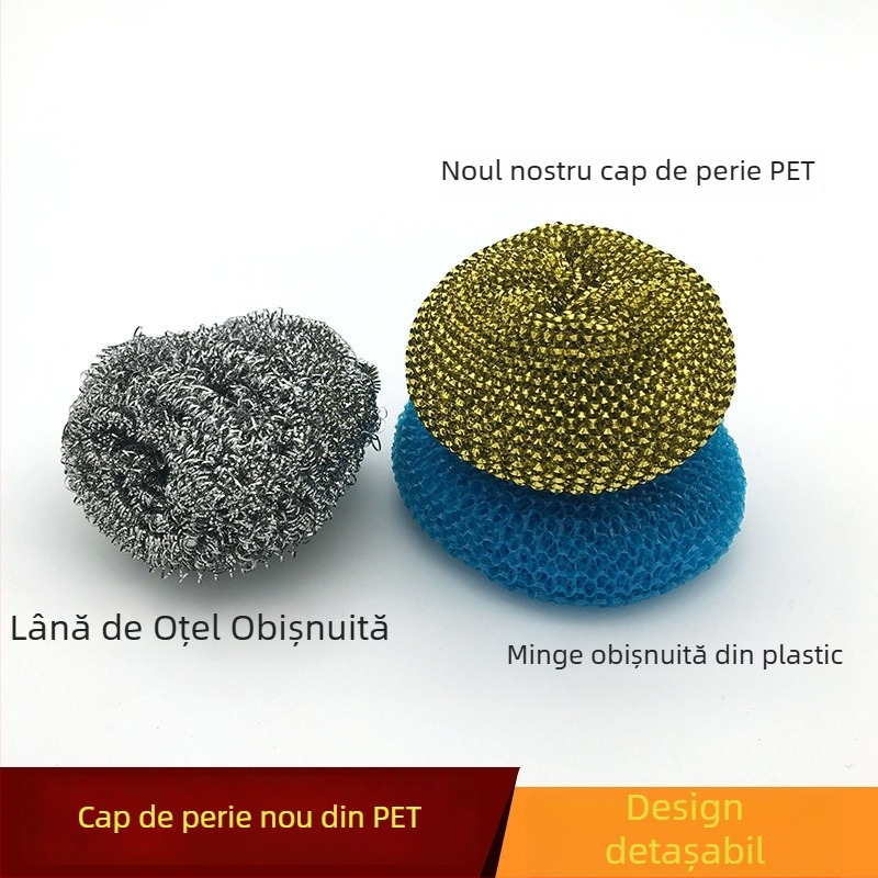 Perie de oale cu mâner, mâner detașabil, bilă din fibră de oțel pentru curățare, bilă nano colorată