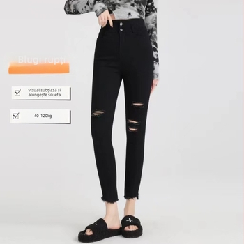 Jeans negri pentru femei, mărime mare, denim rupt, talie înaltă, elastici, croială slim, lungime până la gleznă