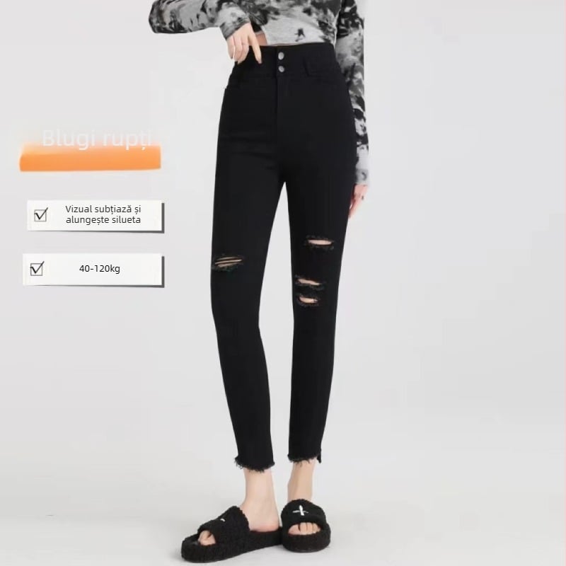 Jeans negri pentru femei, mărime mare, denim rupt, talie înaltă, elastici, croială slim, lungime până la gleznă