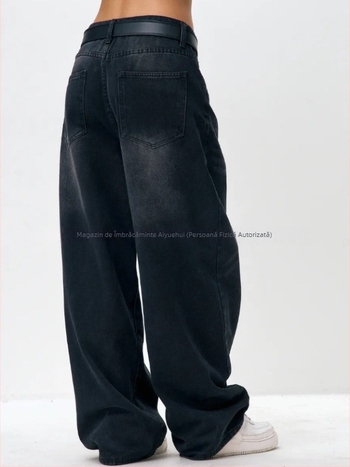 Jeans dama cu croi wide-leg, denim prespalat vintage, talie înaltă, croi lejer drept, lungime până la podea, toamnă-iarnă