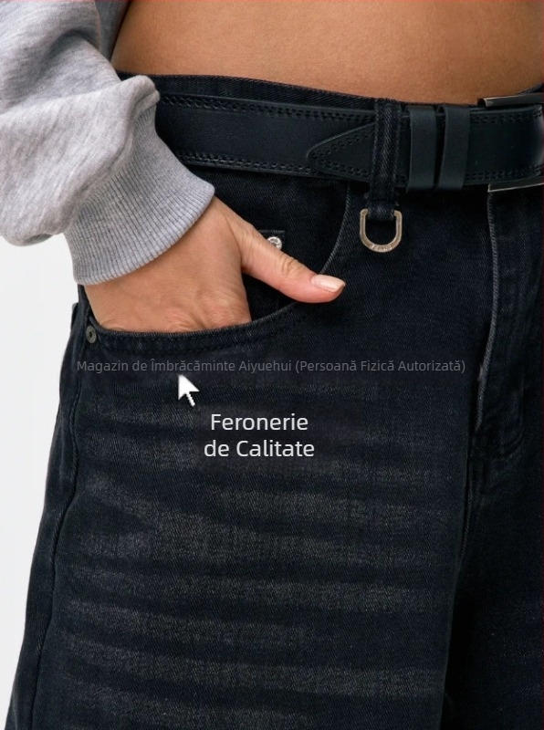 Jeans dama cu croi wide-leg, denim prespalat vintage, talie înaltă, croi lejer drept, lungime până la podea, toamnă-iarnă