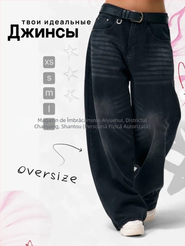 Jeans dama cu croi wide-leg, denim prespalat vintage, talie înaltă, croi lejer drept, lungime până la podea, toamnă-iarnă