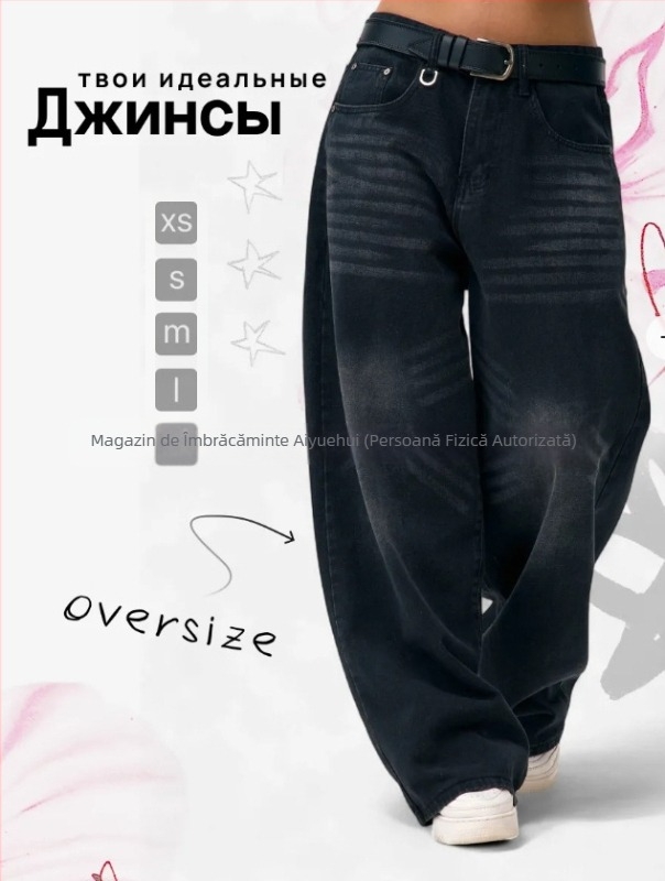 Jeans dama cu croi wide-leg, denim prespalat vintage, talie înaltă, croi lejer drept, lungime până la podea, toamnă-iarnă