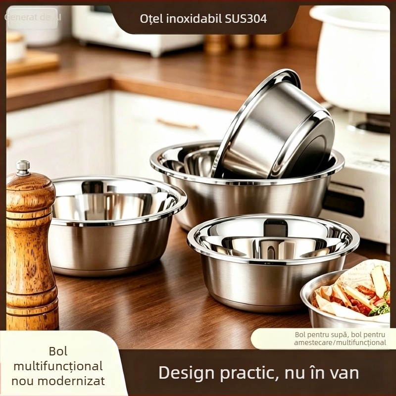 Vas multipurpose din oțel inoxidabil 304, grosime extra, pentru spălat legume, utilizare în bucătărie, amestecarea ouălor, frământarea aluatului, amestecarea ingredientelor și servirea supei.