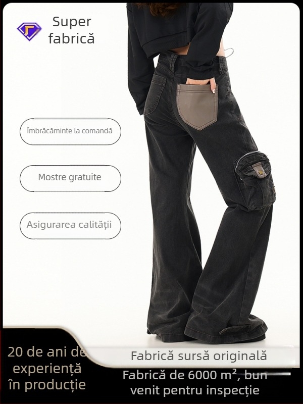 Oreeta Blugi microflare, stil street american retro, unisex pantaloni casual cu mai multe buzunare
