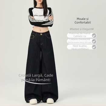 Blugi femei bleumarin închis, talie înaltă, croială largă, lejeră și confortabilă, drepti, lungime până la podea, model 2025