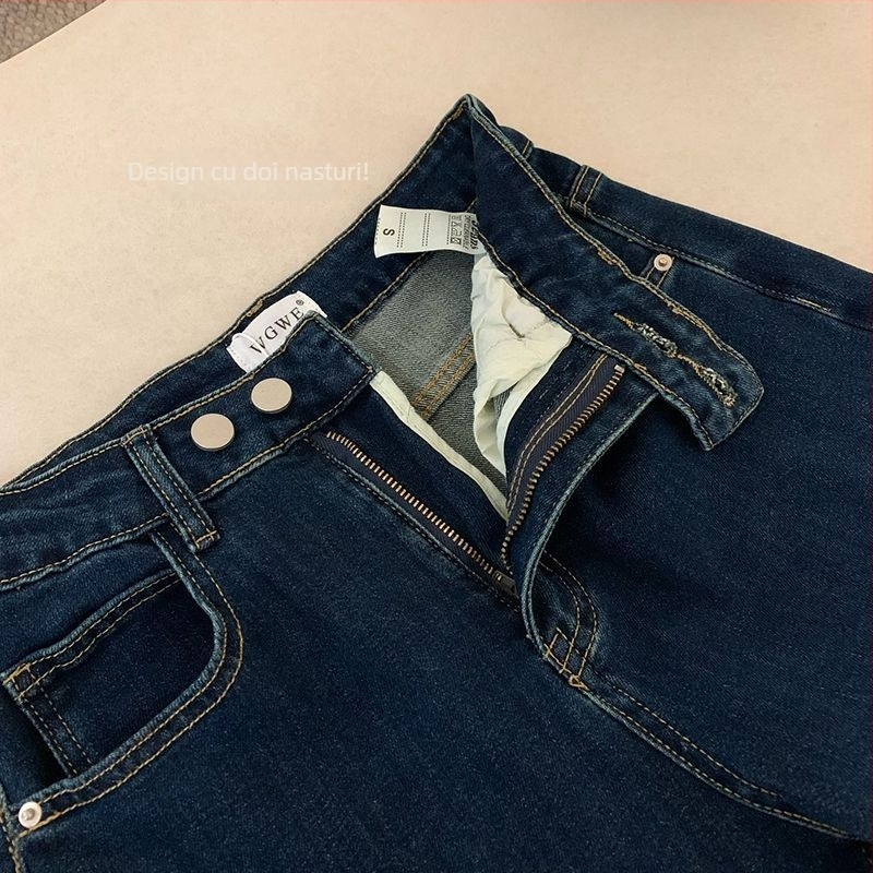 Jeans de damă din denim, talie înaltă, croială wide-leg, elastici, lungime până la podea, pentru primăvara-toamna 2024