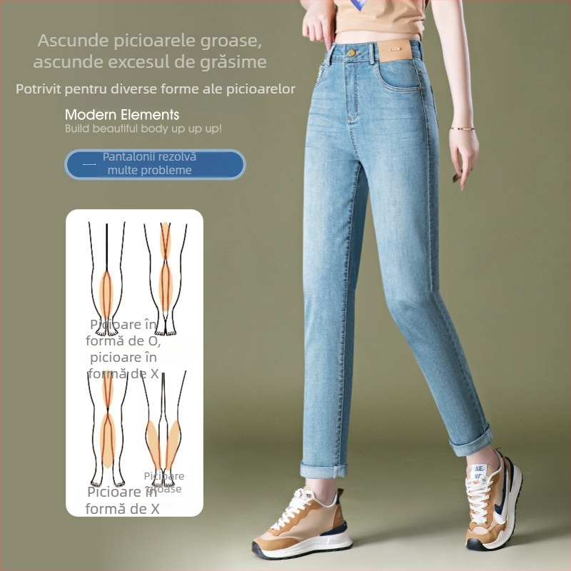 9256 Blugi skinny cu talie elastică, croială slim, lungime cropped, tiv rulat