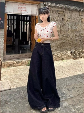 Pantaloni din denim albastru închis pentru femei, talie înaltă, croială largă, stil retro toamnă-iarnă 2024, lungime până la podea