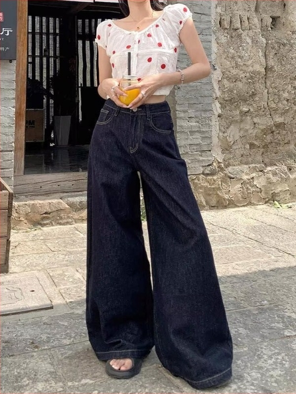 Pantaloni din denim albastru închis pentru femei, talie înaltă, croială largă, stil retro toamnă-iarnă 2024, lungime până la podea