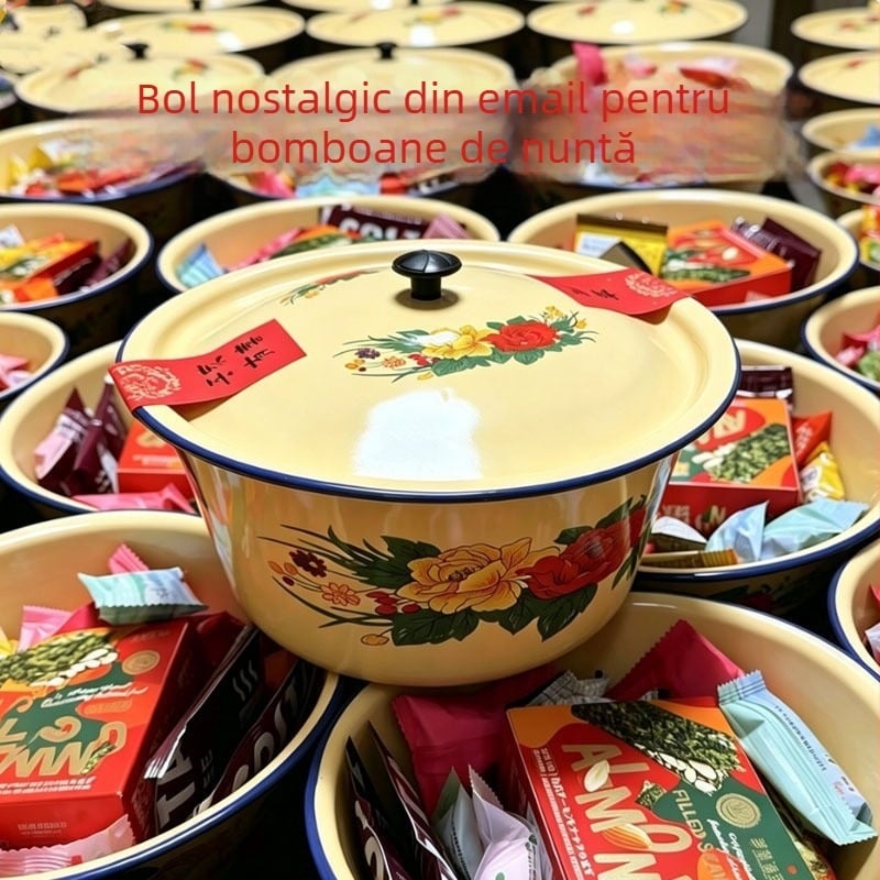 Vas emailat și porțelan cu capac, borcan pentru untură, vas ceramic pentru servire, stil retro nostalgic