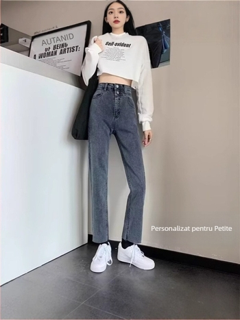 Blugi femei stil cigarette, toamnă-iarnă, talie înaltă, croi slim, drepti, lungime 9/10, design casual inspirat de Hong Kong