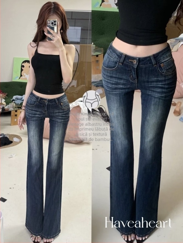 Blugi din denim, talie înaltă, uzură în stil retro — straight leg, pantaloni lungi, elasticitate medie