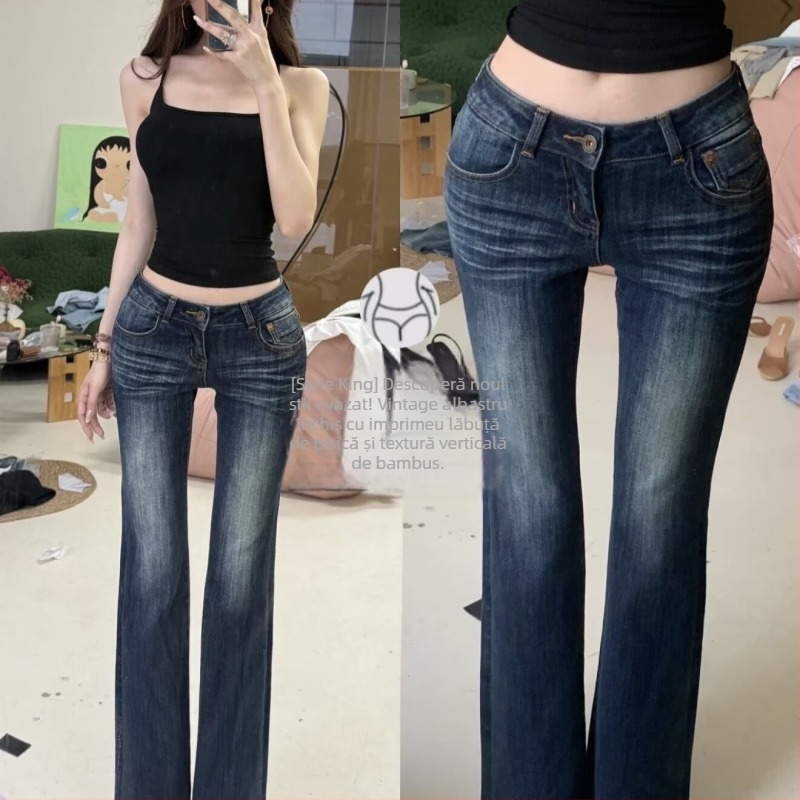 Blugi din denim, talie înaltă, uzură în stil retro — straight leg, pantaloni lungi, elasticitate medie