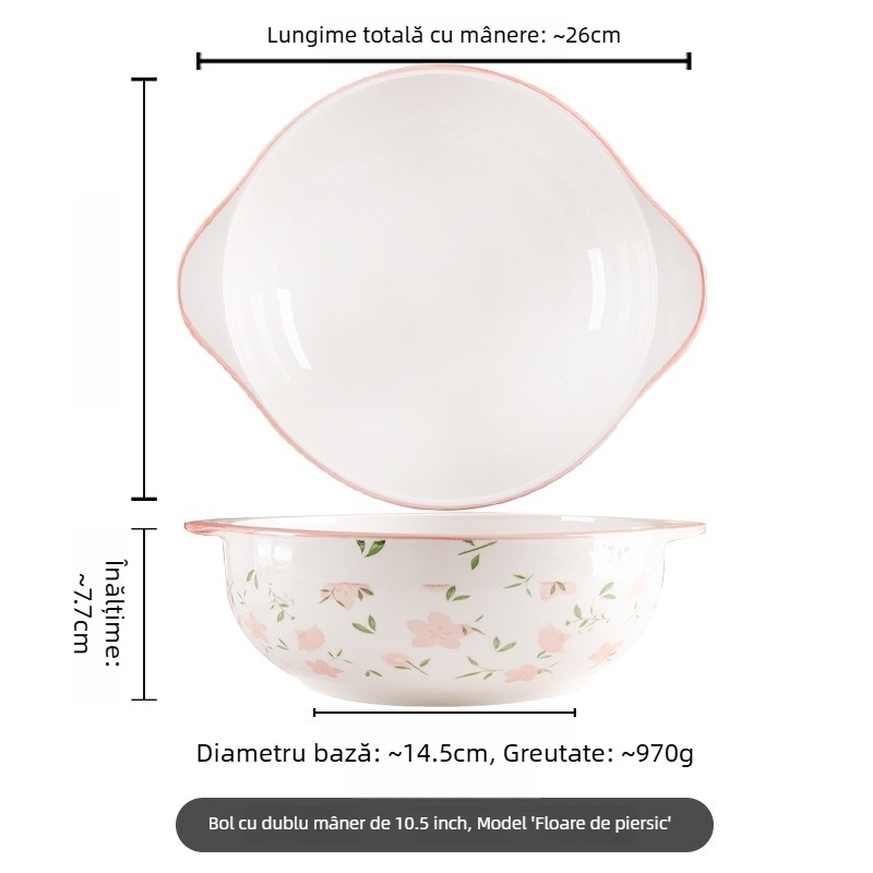 Bol ceramic mare cu două mânere, rezistent la căldură, culoare sub glazură, ideal pentru supă de pește și mese zilnice.