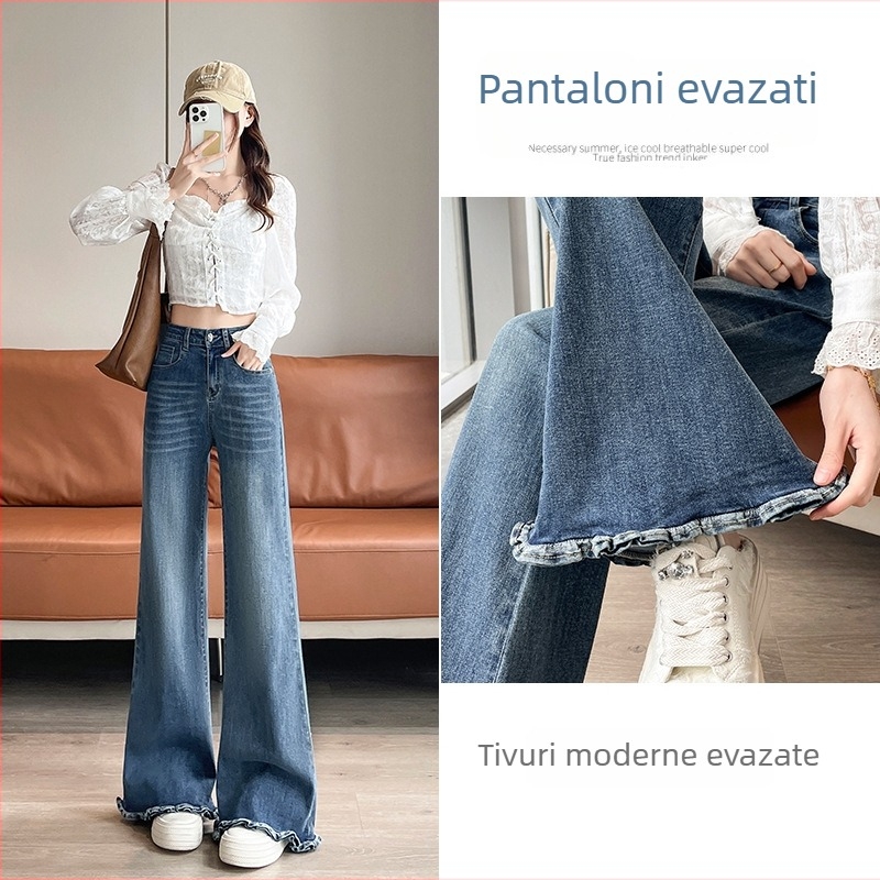Jean dină femei din bumbac, stil vintage, talie înaltă, croială lejeră, ușor evazate, elastice, pantaloni largi, toamnă 2025
