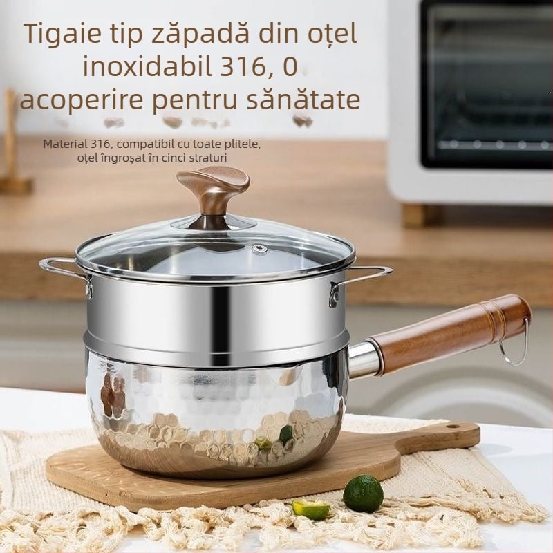 Oală din oțel inoxidabil 316, fără strat de acoperire, multifuncțională pentru lapte, supă, mâncare pentru copii și tăiței, cu capac din sticlă