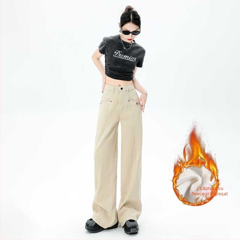 Blugi femei cu căptușeală fleece, crem deschis, stil american de lucru, talie înaltă, croială lejeră, siluetă dreaptă spre wide-leg.