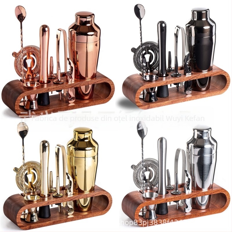 Kevawi set shaker pentru cocktail din oțel inoxidabil 600 ml, 10 piese, cu raft din bambus