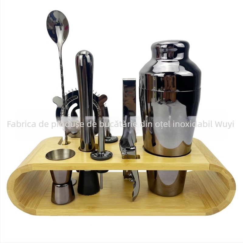 Kevawi set shaker pentru cocktail din oțel inoxidabil 600 ml, 10 piese, cu raft din bambus