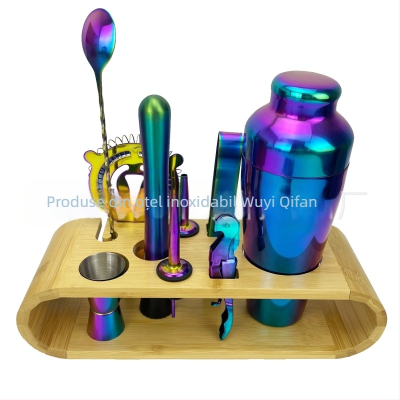 Kevawi set shaker pentru cocktail din oțel inoxidabil 600 ml, 10 piese, cu raft din bambus