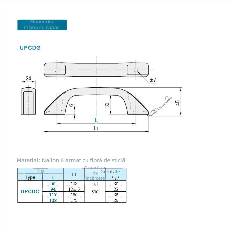 Mâner din nylon plastic negru cu capac, XAB71 pătrat pentru mobilier industrial