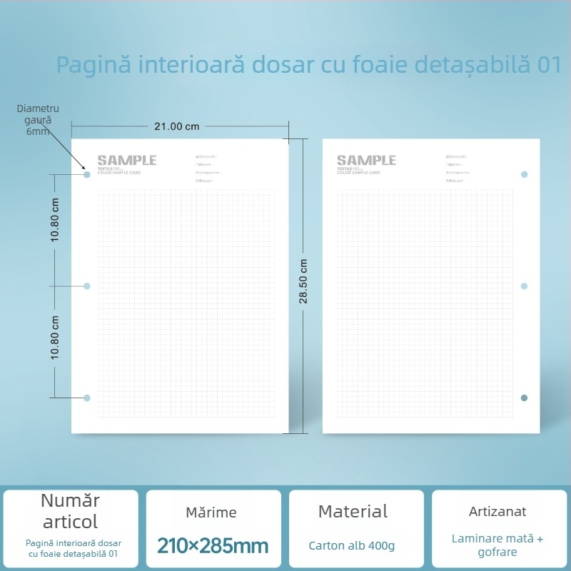 Mapă A4 cu copertă decorativă și logo imprimat, perforată pentru documente, fișiere, manuale și mostre de cărți