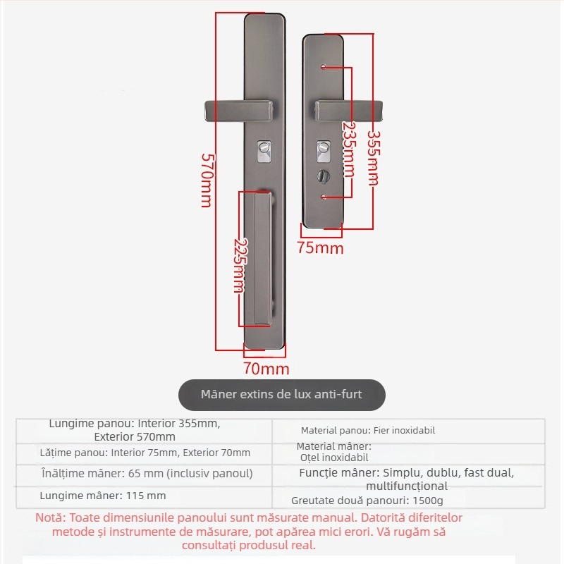 Mâner de ușă lung din oțel inoxidabil pentru ușa de intrare, anti-furt, încuietoare reglabilă multifuncțională.