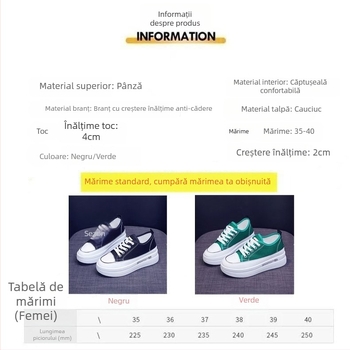 Pantofi damă din pânză, stil nou primăvara 2026, pantofi sport universali, talpă groasă, respiranți, creștere înălțime, antiderapant, talpă moale, șireturi