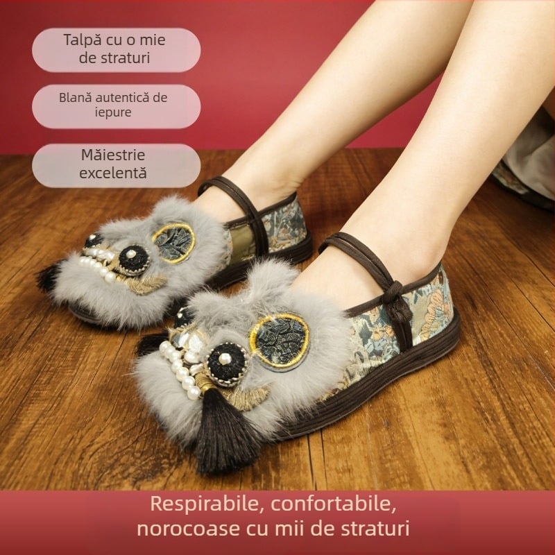 Pantofi Hanfu pentru femei, cu motiv cap de tigru, lucrati manual, partea superioară din blană de iepure, talpă cu straturi, stil național, pentru primăvară și toamnă