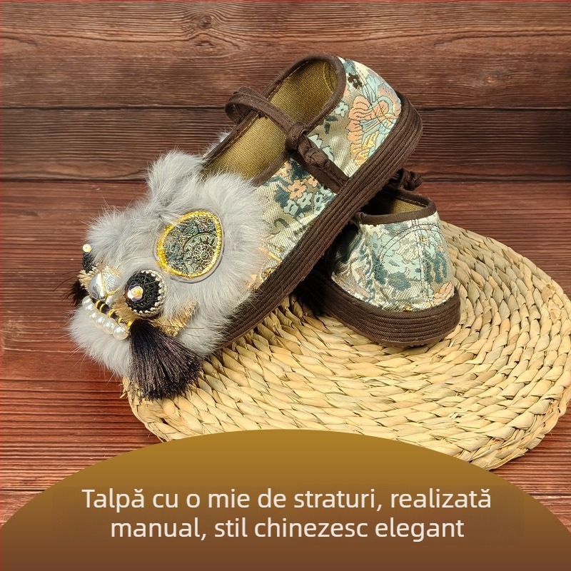 Pantofi Hanfu pentru femei, cu motiv cap de tigru, lucrati manual, partea superioară din blană de iepure, talpă cu straturi, stil național, pentru primăvară și toamnă