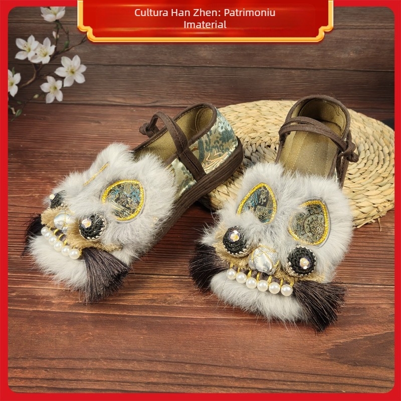 Pantofi Hanfu pentru femei, cu motiv cap de tigru, lucrati manual, partea superioară din blană de iepure, talpă cu straturi, stil național, pentru primăvară și toamnă