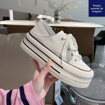 Pantofi sport femei din pânză albi, cu talpă groasă pentru creșterea înălțimii, purtare în două moduri, talpă moale, încălțăminte casual