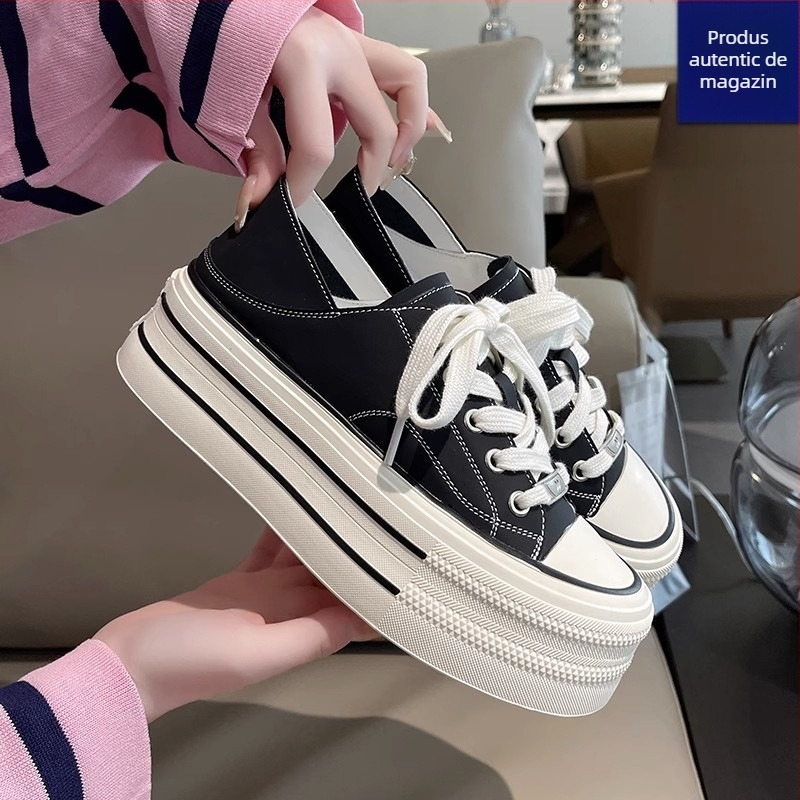 Pantofi sport femei din pânză albi, cu talpă groasă pentru creșterea înălțimii, purtare în două moduri, talpă moale, încălțăminte casual