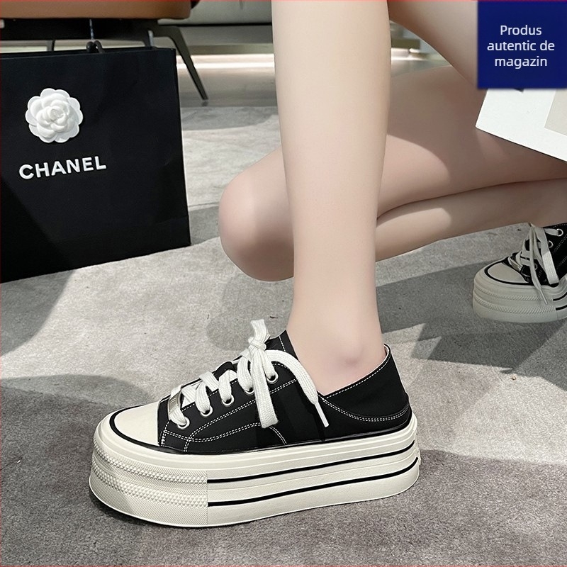 Pantofi sport femei din pânză albi, cu talpă groasă pentru creșterea înălțimii, purtare în două moduri, talpă moale, încălțăminte casual