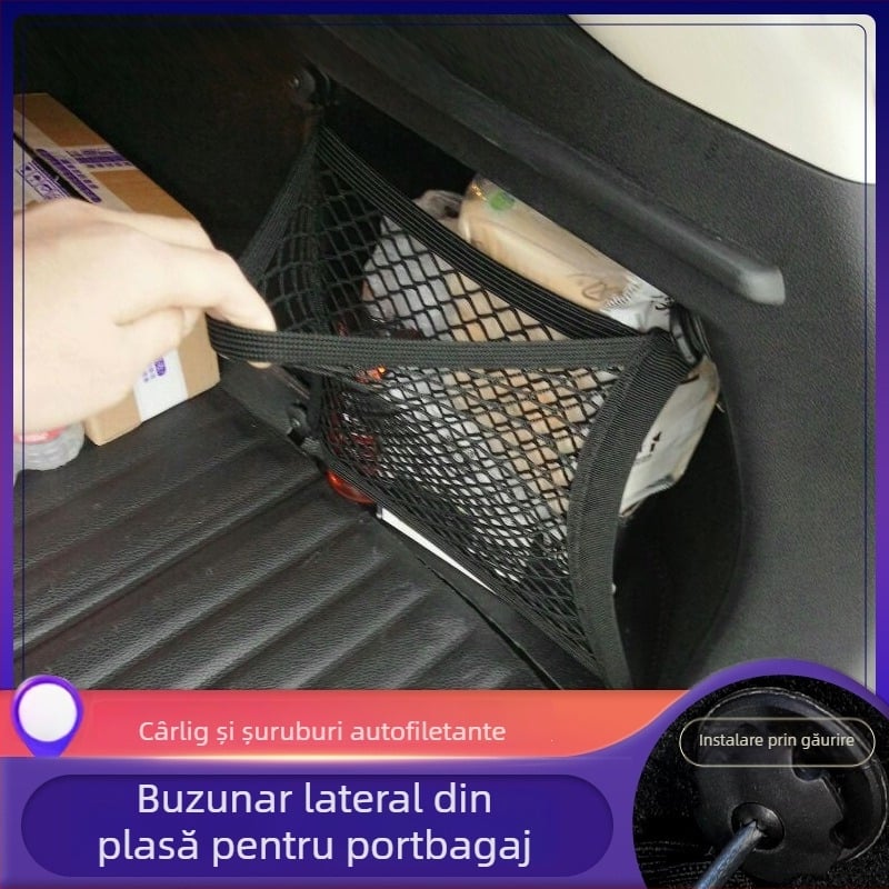 Organizator portbagaj auto cu plase laterale, buzunar de depozitare și suport pentru stingător