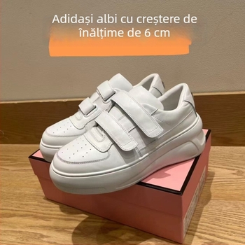 Pantofi sport dama din piele albă cu Velcro, talpă groasă, creștere înălțime, casual