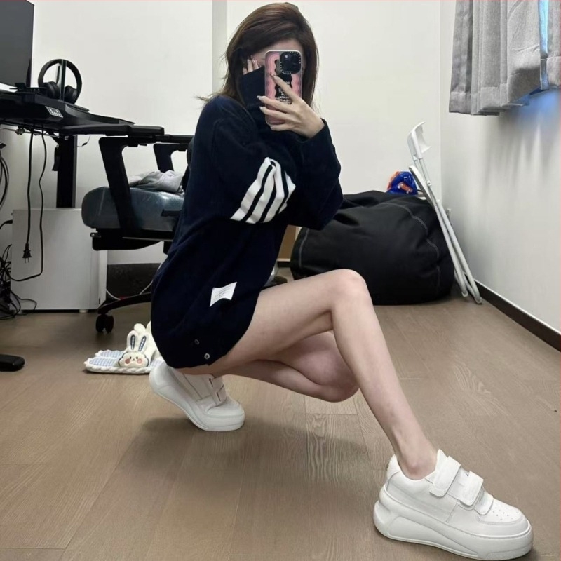 Pantofi sport dama din piele albă cu Velcro, talpă groasă, creștere înălțime, casual
