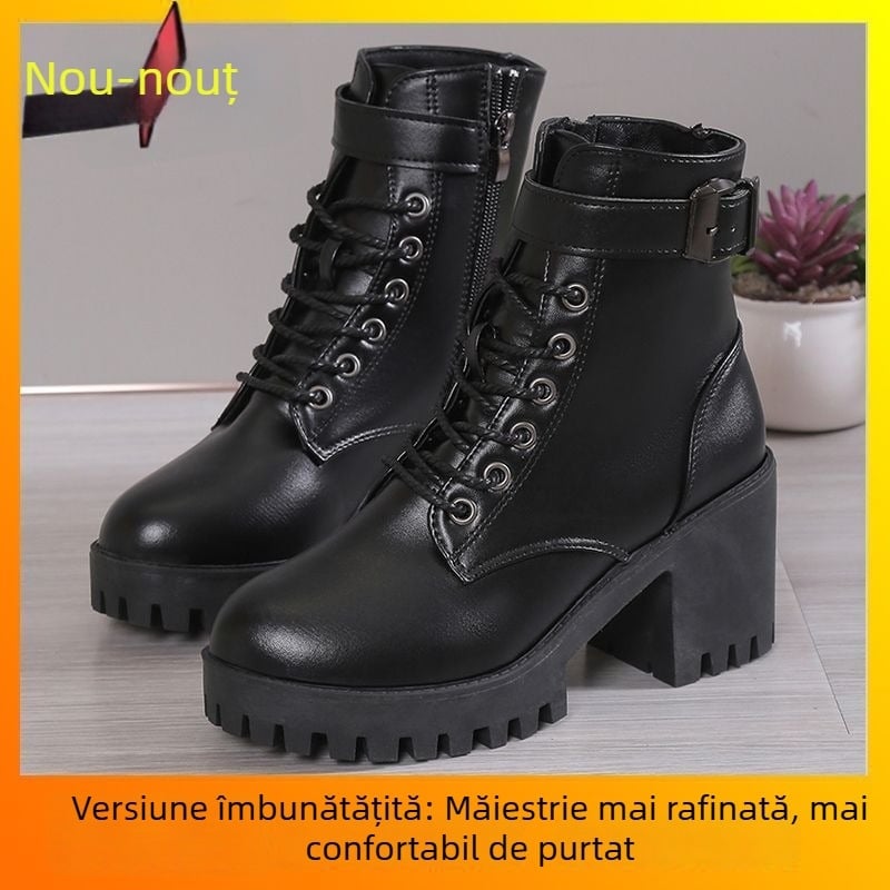 Botine Martin pentru femei, talpă groasă și cataramă, toamnă-iarna 2025, stil britanic, botine scurte cu toc înalt