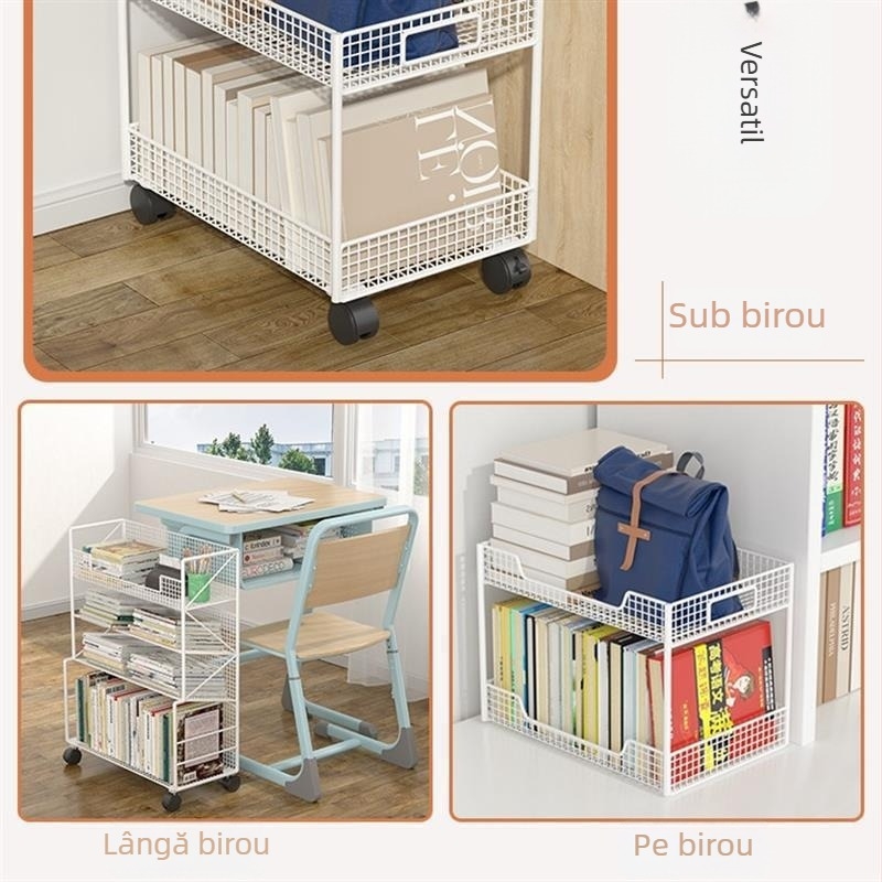 Bibliotecă de birou mobilă cu roți, etajeră laterală pentru cărți, cu 6 rafturi